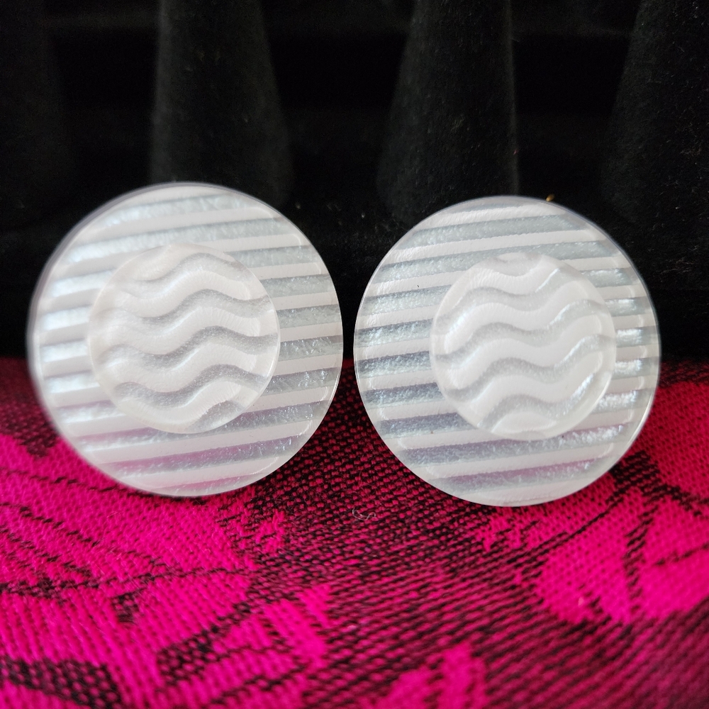 White Acrylic 70s Style Large Button Earrings. - image 1